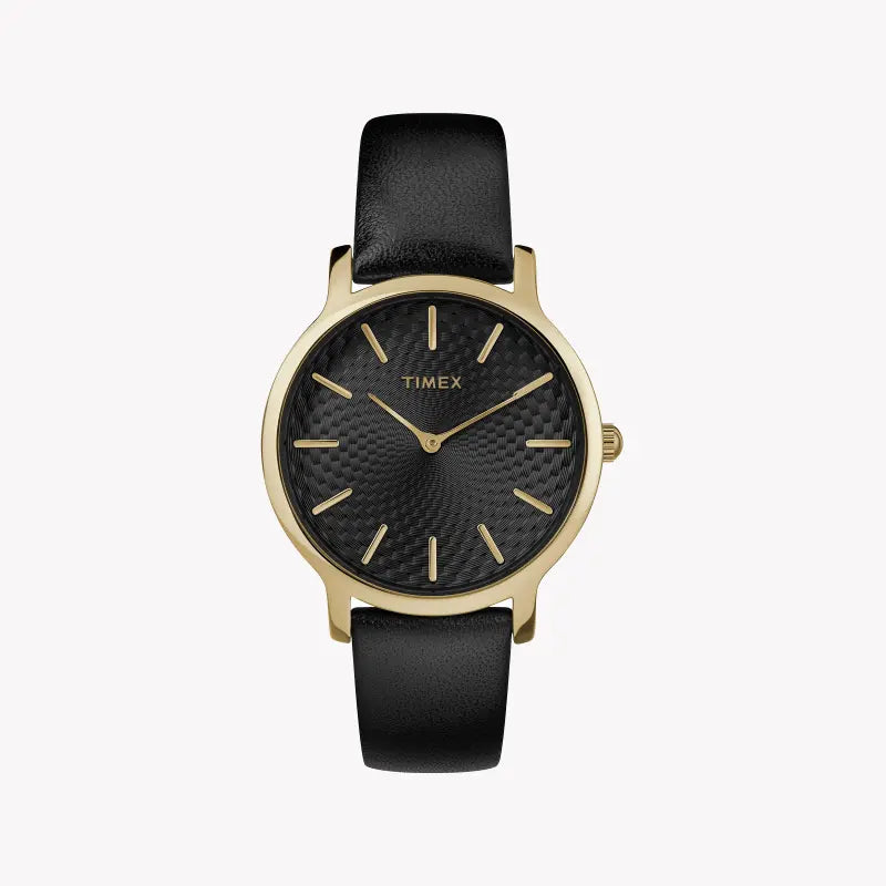 Timex Women's Black Leather Watch, Gold Case | Tw2r36400-0